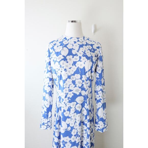 Vintage 1970s Marek New York Midi Dress Blue Floral Print Long Sleeve - Picture 2 of 11